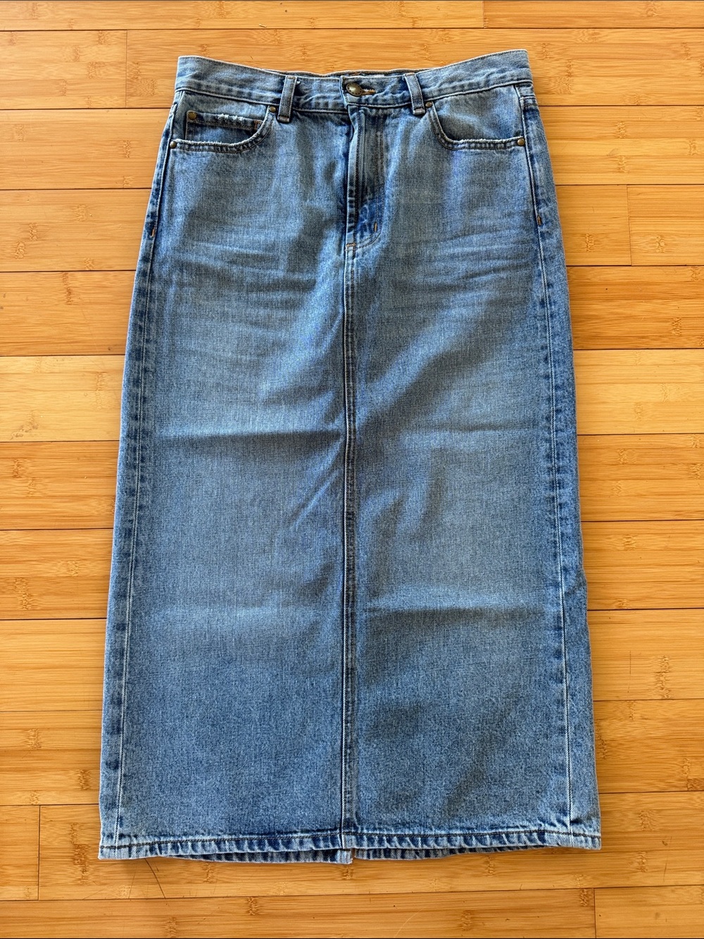 THE GREAT. Light Blue Denim Maxi Skirt